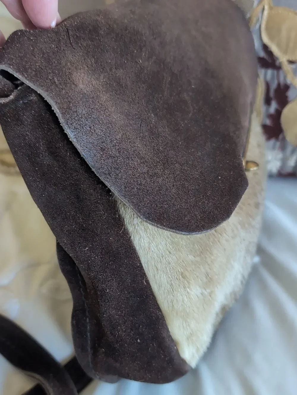 60's Vintage Brown Suede- Hair On Hide Brass Turn Lock Hip Crossbody Bag